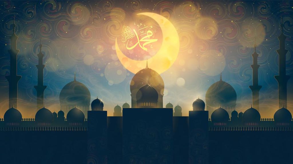 of Mawlid al-Nabi al-Sharif. translation Arabic- Prophet Muhammads birthday in Arabic Calligraphy style. Islamic architecture cartoon scenery background. Illustration.
